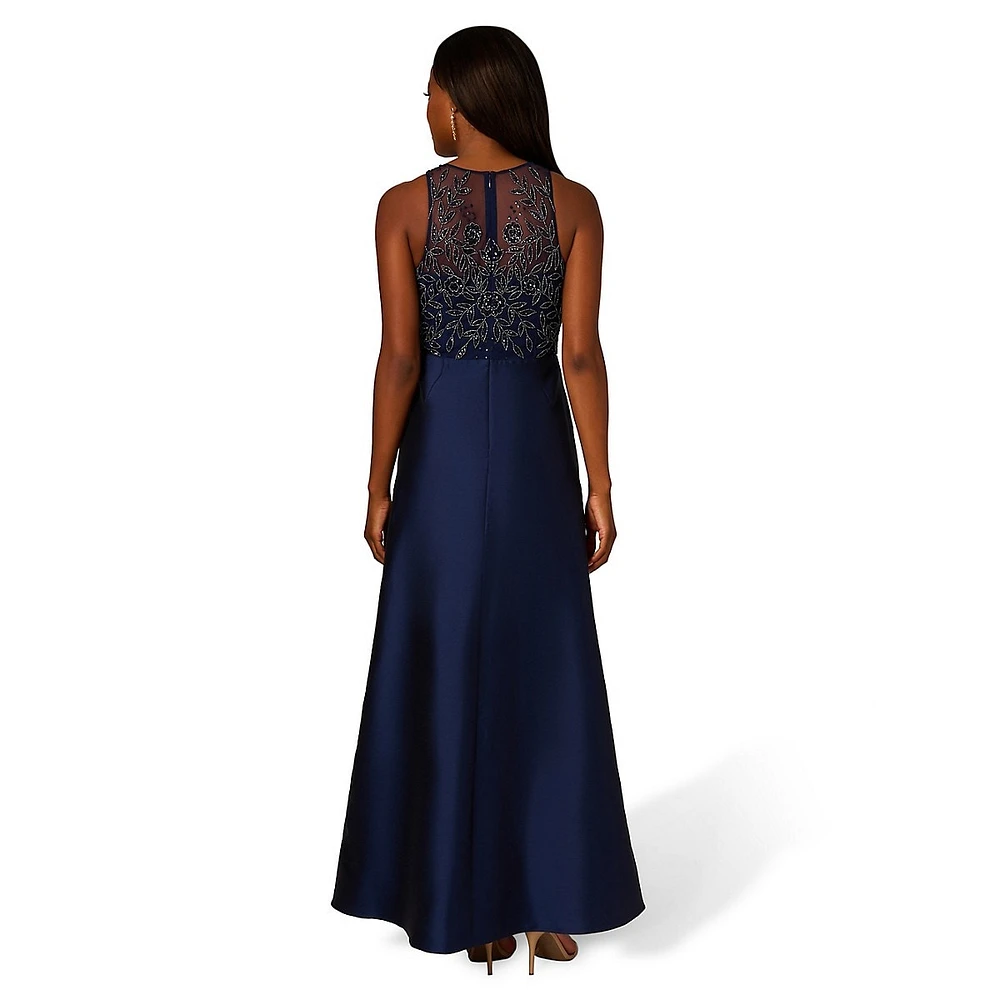 Sleeveless Beaded Mesh & Taffeta Gown