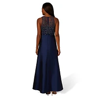 Sleeveless Beaded Mesh & Taffeta Gown