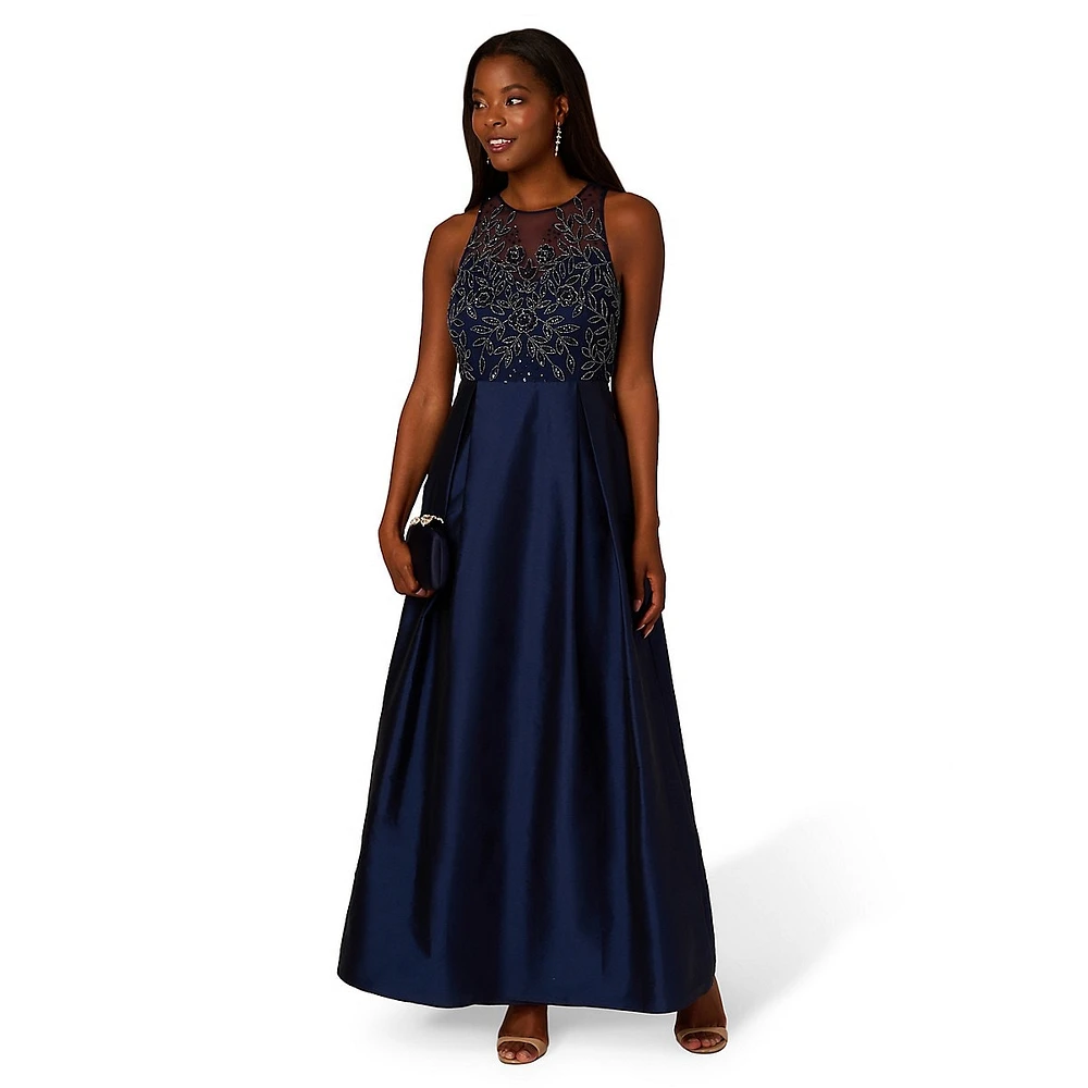 Sleeveless Beaded Mesh & Taffeta Gown