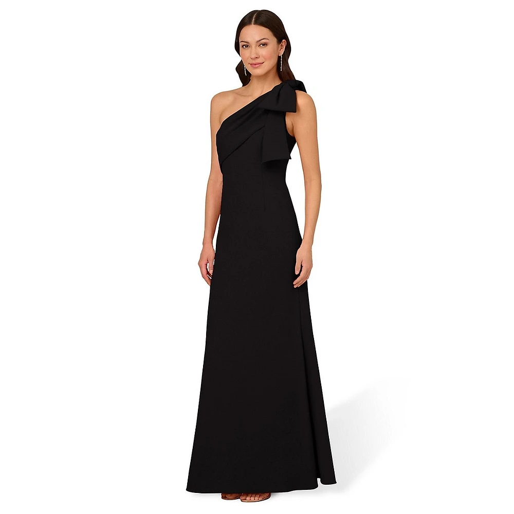 One-Shoulder Fit-&-Flare Crepe Gown With Bow