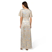 Foil-Leaf Surplice Drape Gown