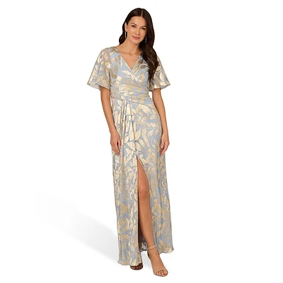 Foil-Leaf Surplice Drape Gown