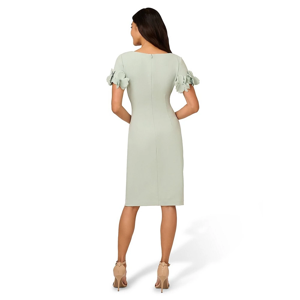 Rosette-Sleeve Gathered Crepe Sheath Dress