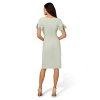 Rosette-Sleeve Gathered Crepe Sheath Dress