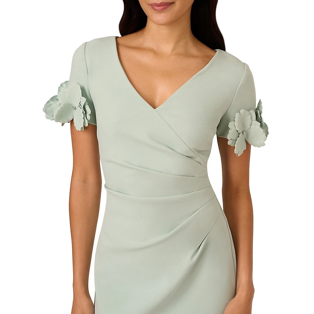 Rosette-Sleeve Gathered Crepe Sheath Dress