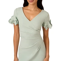 Rosette-Sleeve Gathered Crepe Sheath Dress