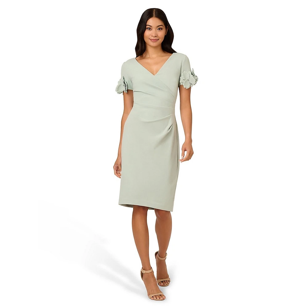 Rosette-Sleeve Gathered Crepe Sheath Dress