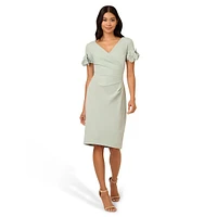 Rosette-Sleeve Gathered Crepe Sheath Dress