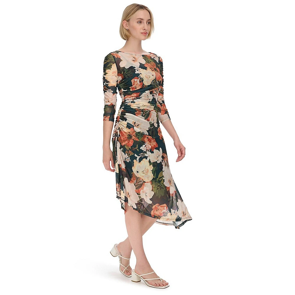 Asymmetrical Ruched Floral Mesh Dress