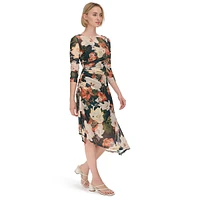 Asymmetrical Ruched Floral Mesh Dress