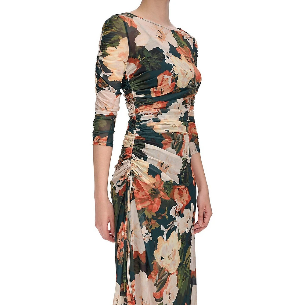 Asymmetrical Ruched Floral Mesh Dress