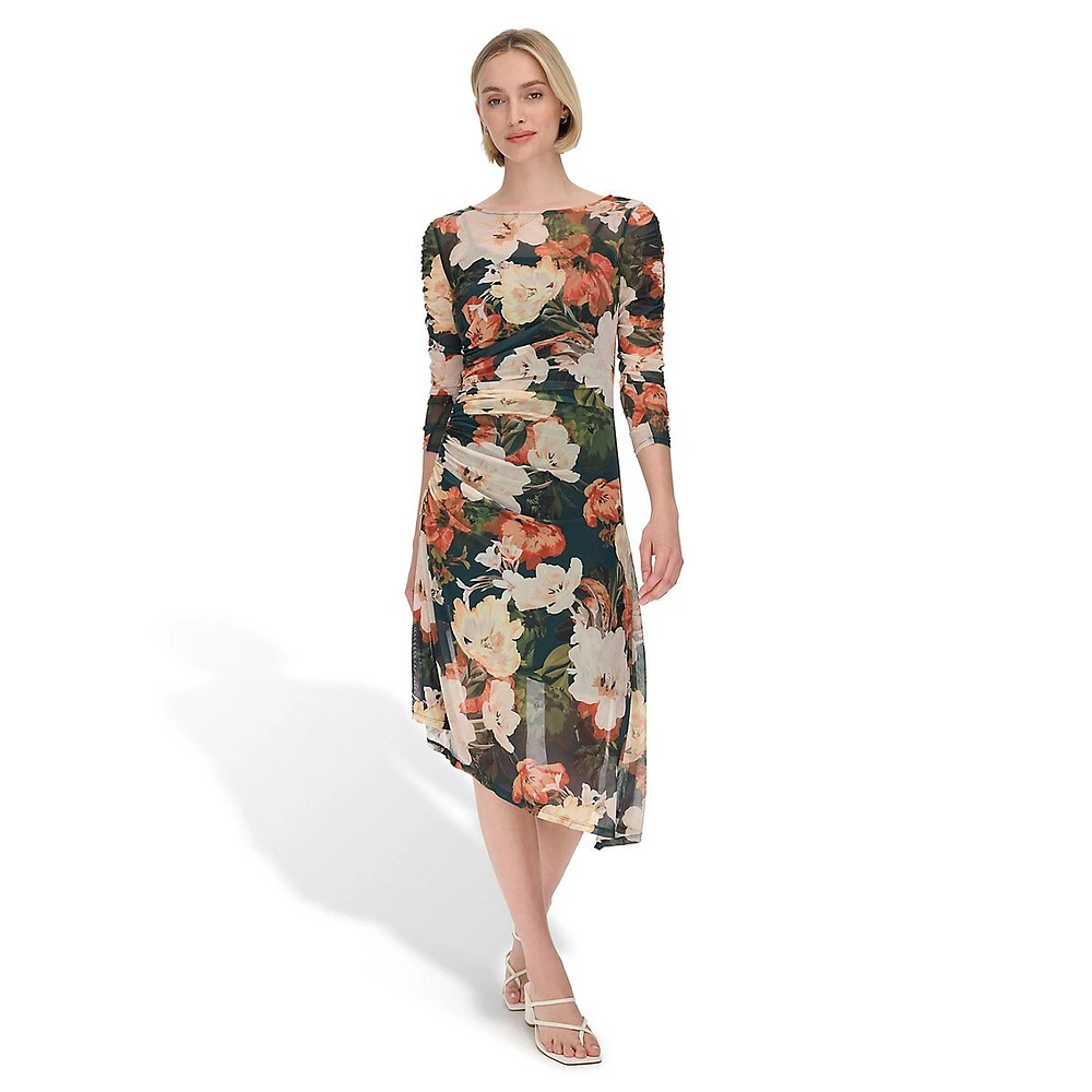 Asymmetrical Ruched Floral Mesh Dress