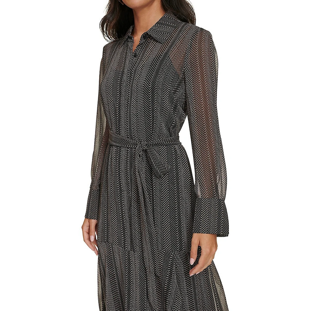 Belted Illusion Chiffon Shirt Dress