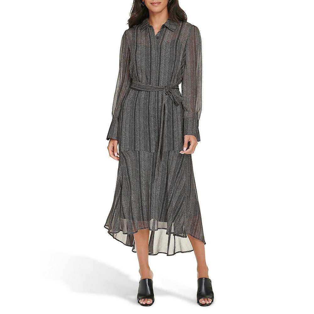 Belted Illusion Chiffon Shirt Dress