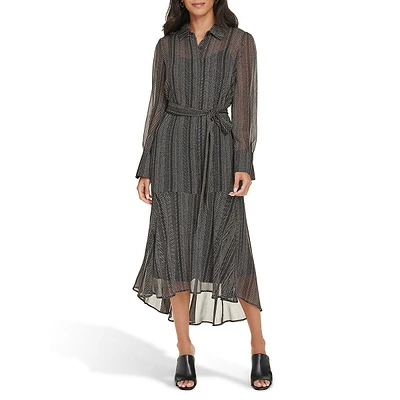 Belted Illusion Chiffon Shirt Dress