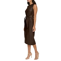 Belted Sleeveless Faux Leather Sheath Dress