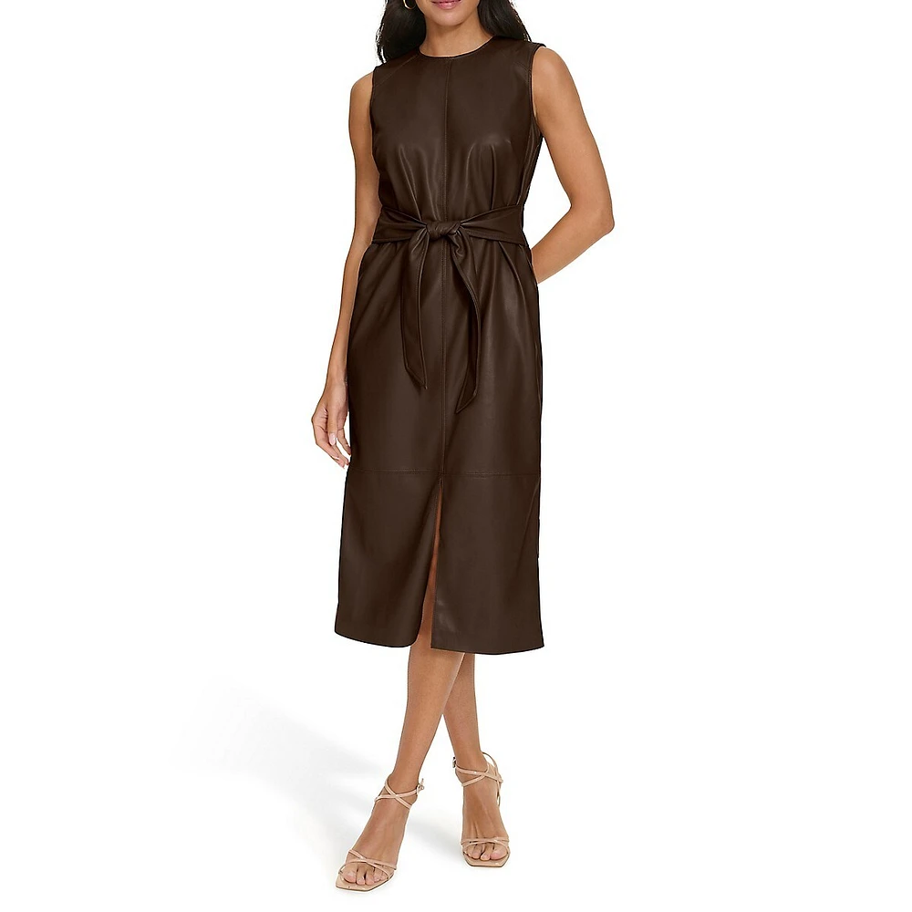 Belted Sleeveless Faux Leather Sheath Dress