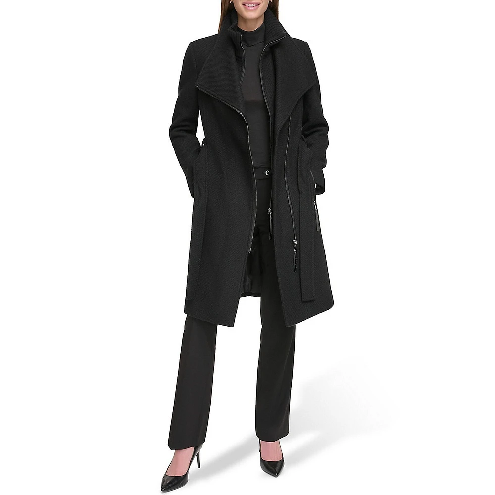 Wool-Blend Belted Coat with High-Neck Core Warmer Layer