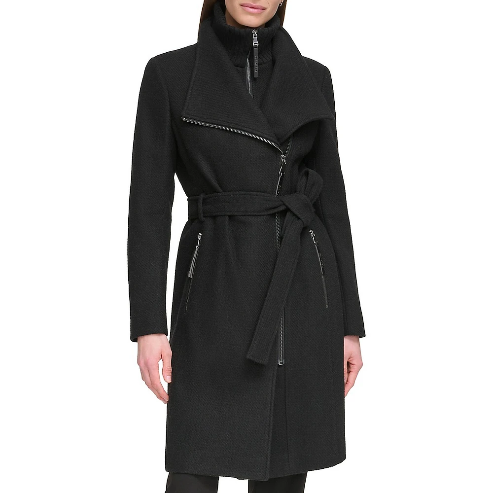 Wool-Blend Belted Coat with High-Neck Core Warmer Layer