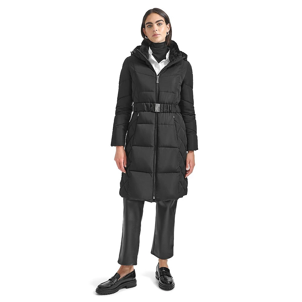 Belted Knee-Length Puffer Jacket