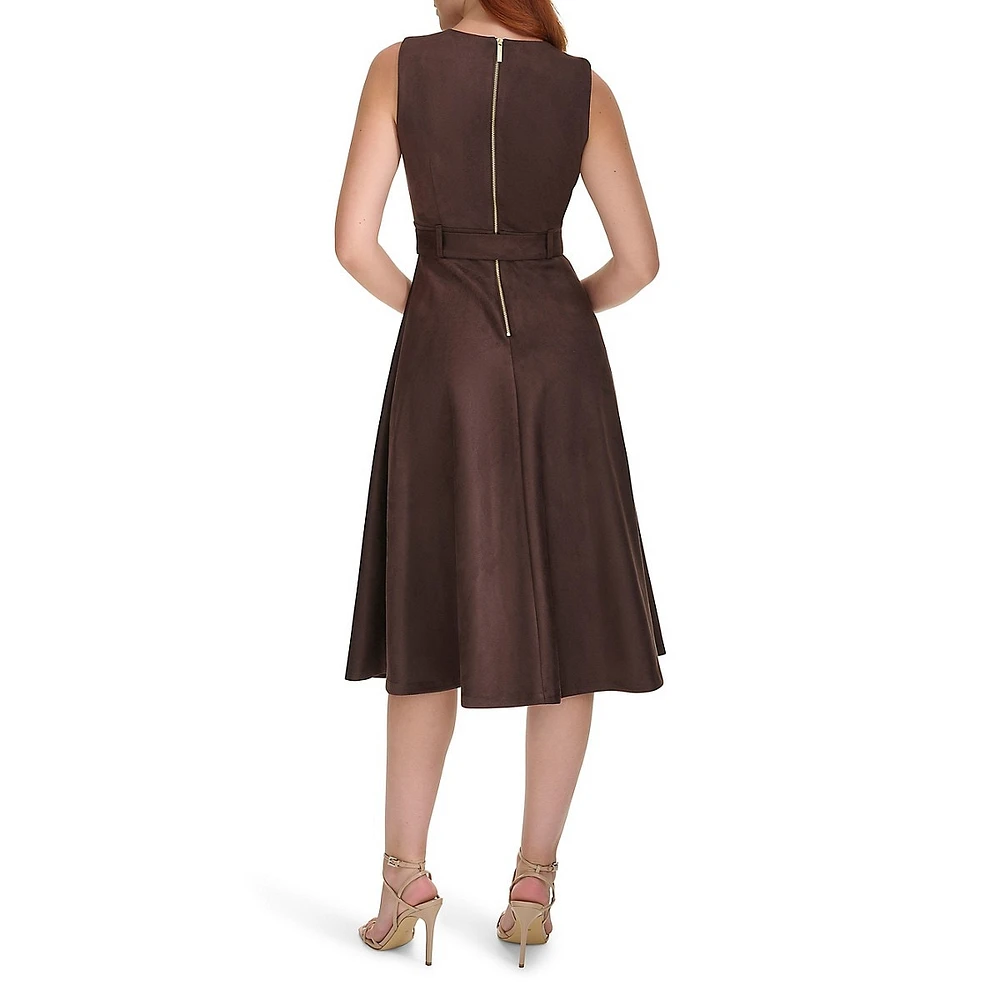 Belted Faux Suede Midi A-Line Dress