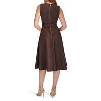 Belted Faux Suede Midi A-Line Dress