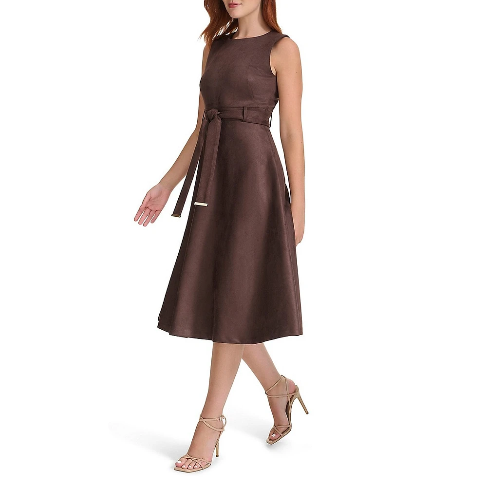 Belted Faux Suede Midi A-Line Dress