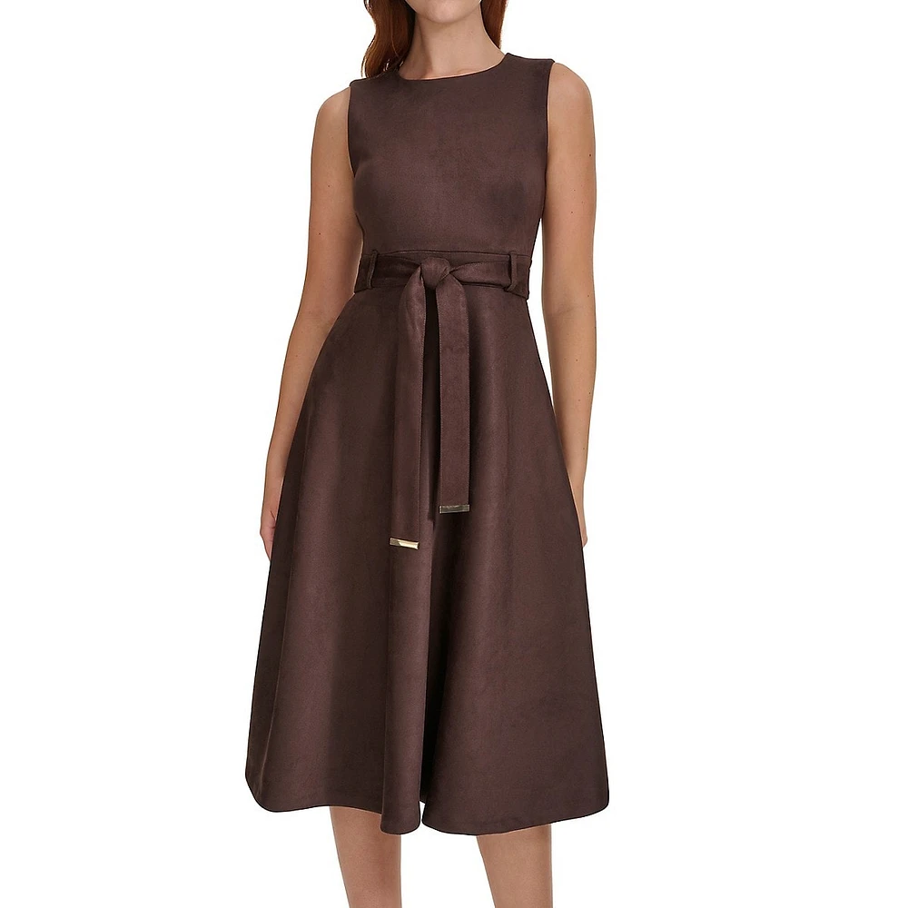 Belted Faux Suede Midi A-Line Dress