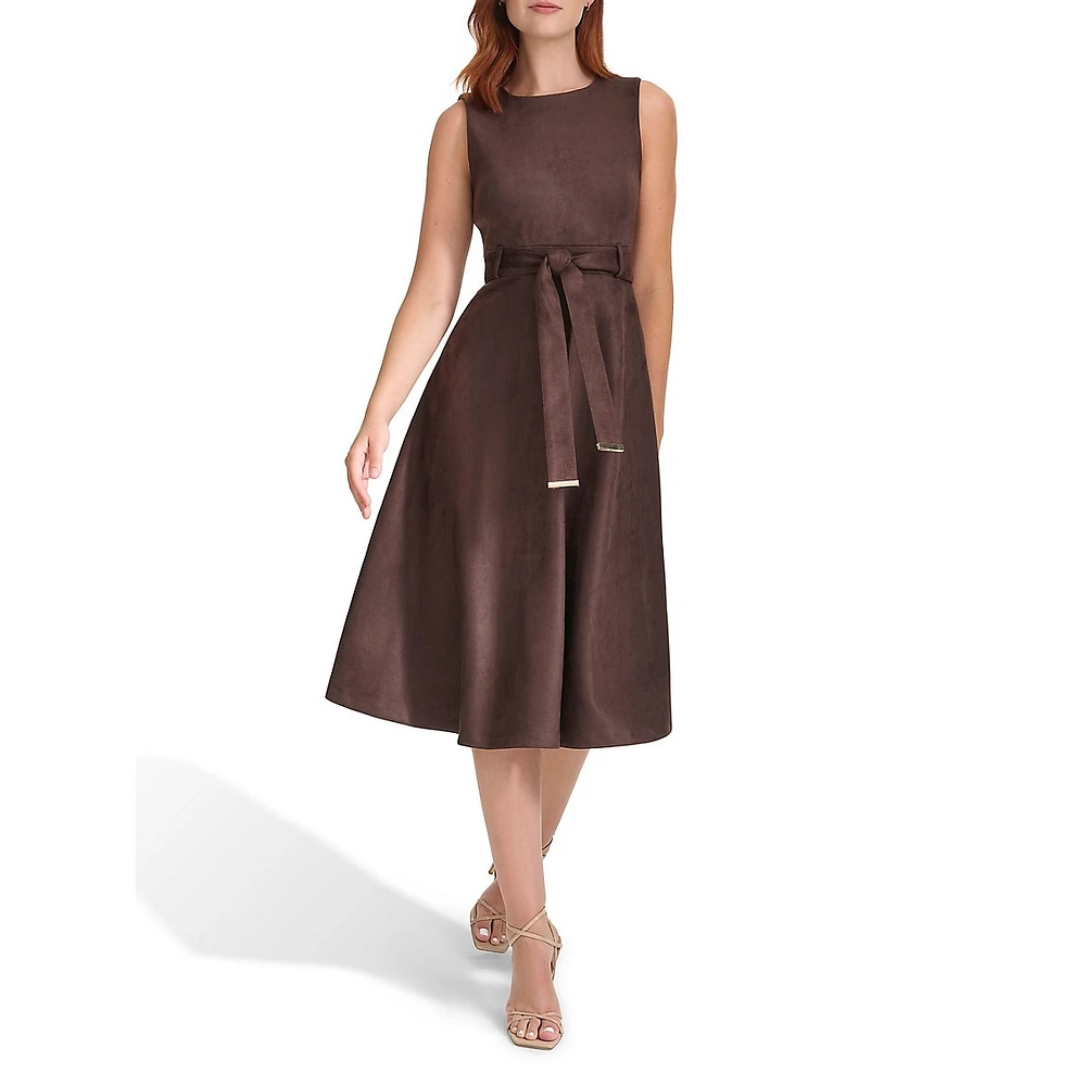 Belted Faux Suede Midi A-Line Dress