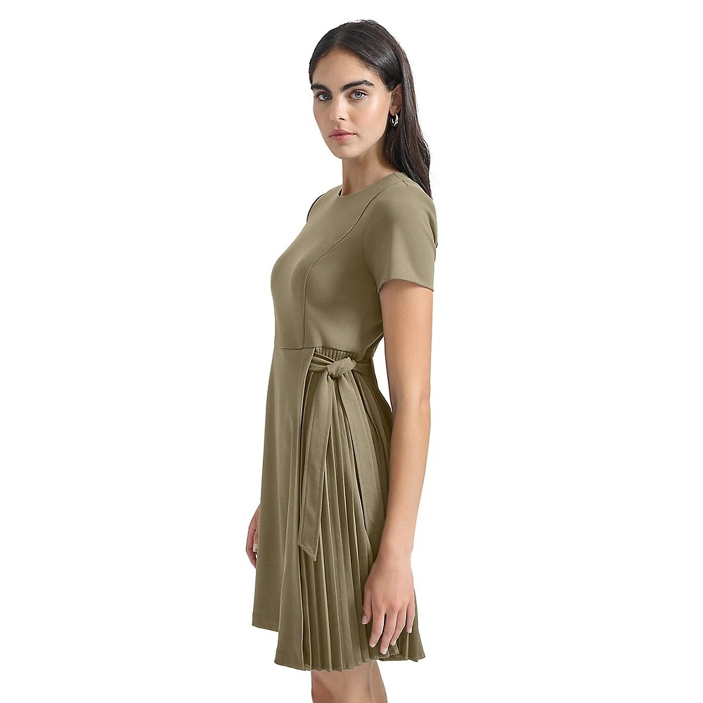 Tied Pleated Crepe Fit-&-Flare Dress