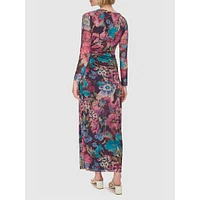 Ruched Floral Mesh Maxi Dress