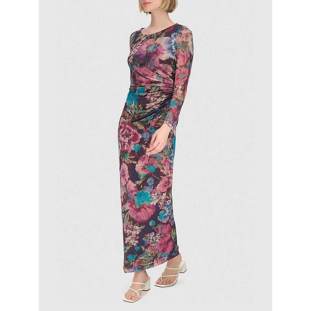 Ruched Floral Mesh Maxi Dress