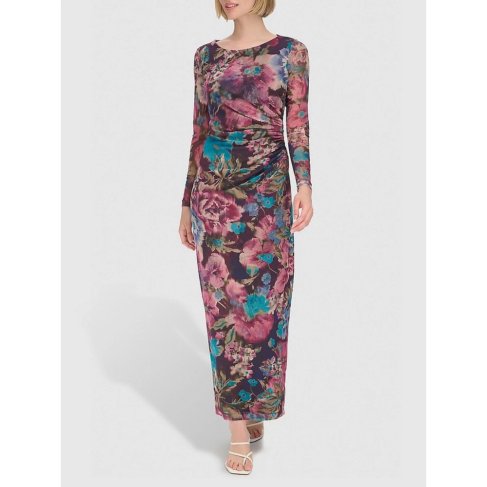 Ruched Floral Mesh Maxi Dress