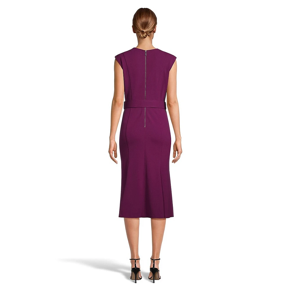 Sleeveless Scuba Crepe Belted Pleat-Hem Midi Dress