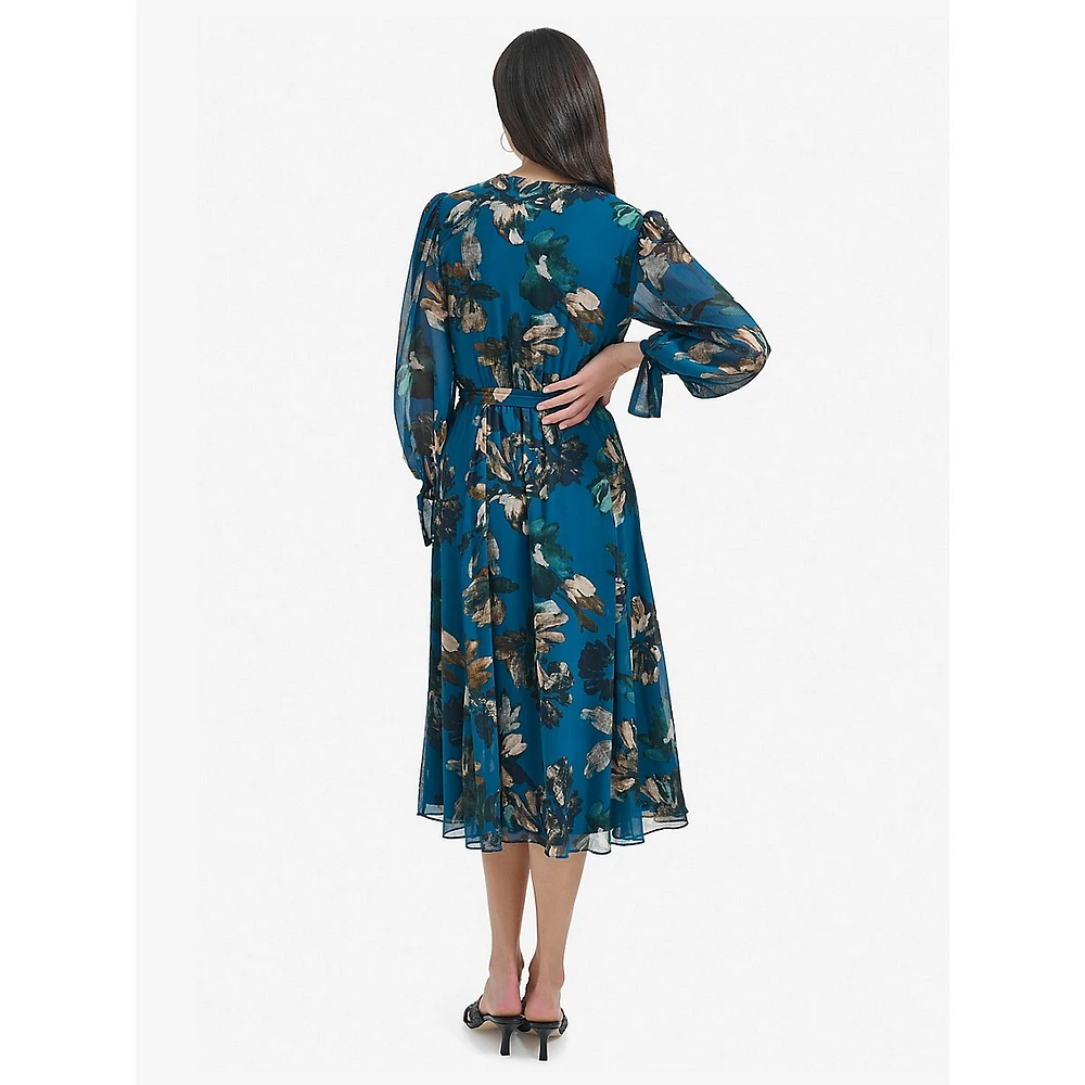 Floral Chiffon Surplice Midi Dress