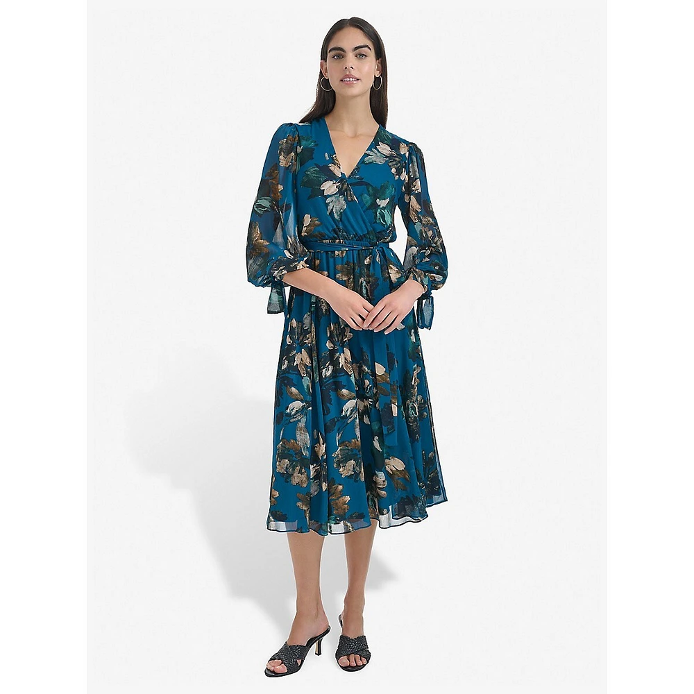 Floral Chiffon Surplice Midi Dress