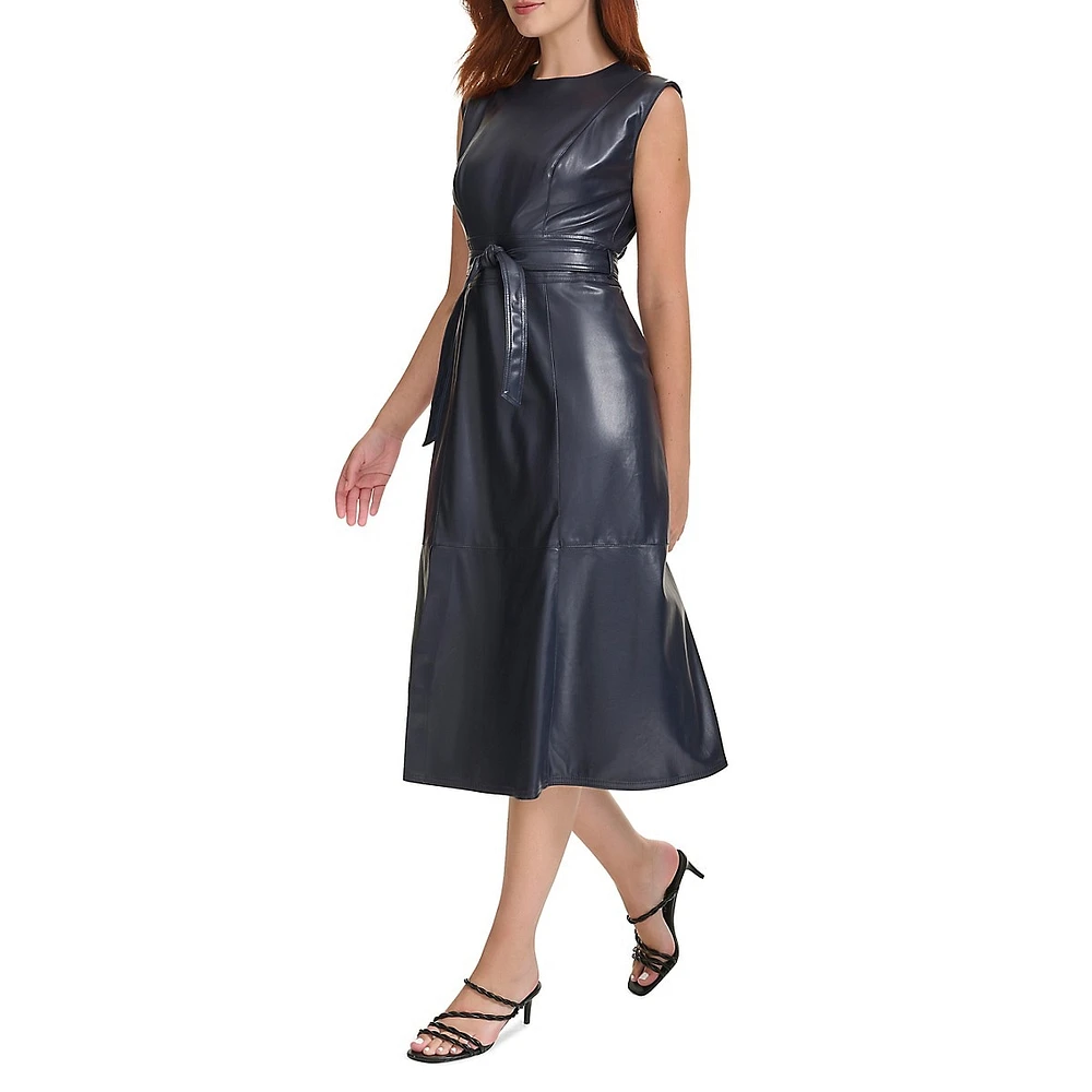 Faux Leather Sleeveless A-Line Dress