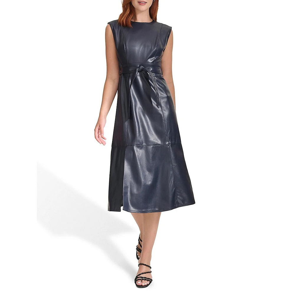 Faux Leather Sleeveless A-Line Dress