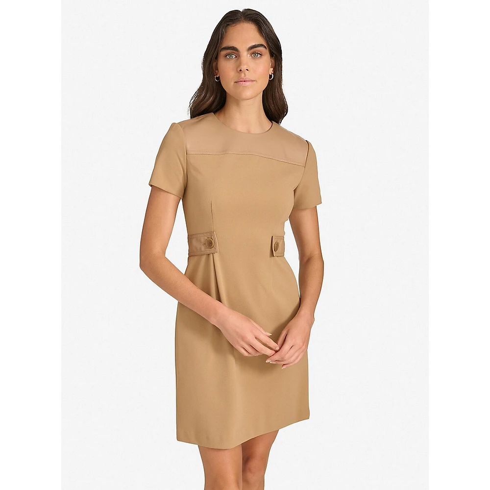 Faux Leather-Trim Crepe A-Line Mini Dress