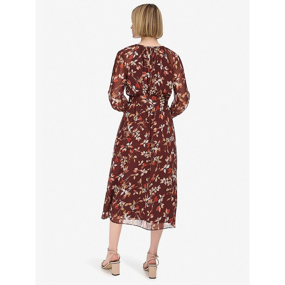 Tied Floral Chiffon Keyhole Midi Dress