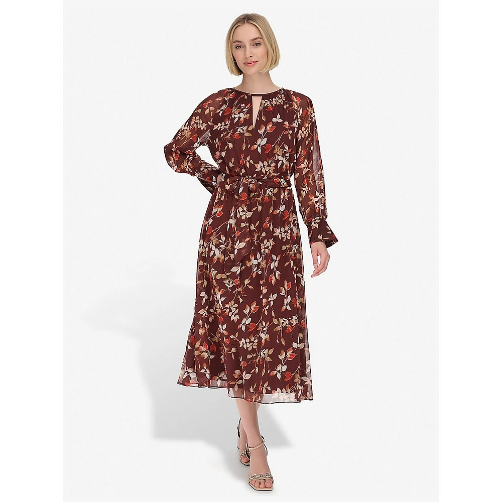 Tied Floral Chiffon Keyhole Midi Dress