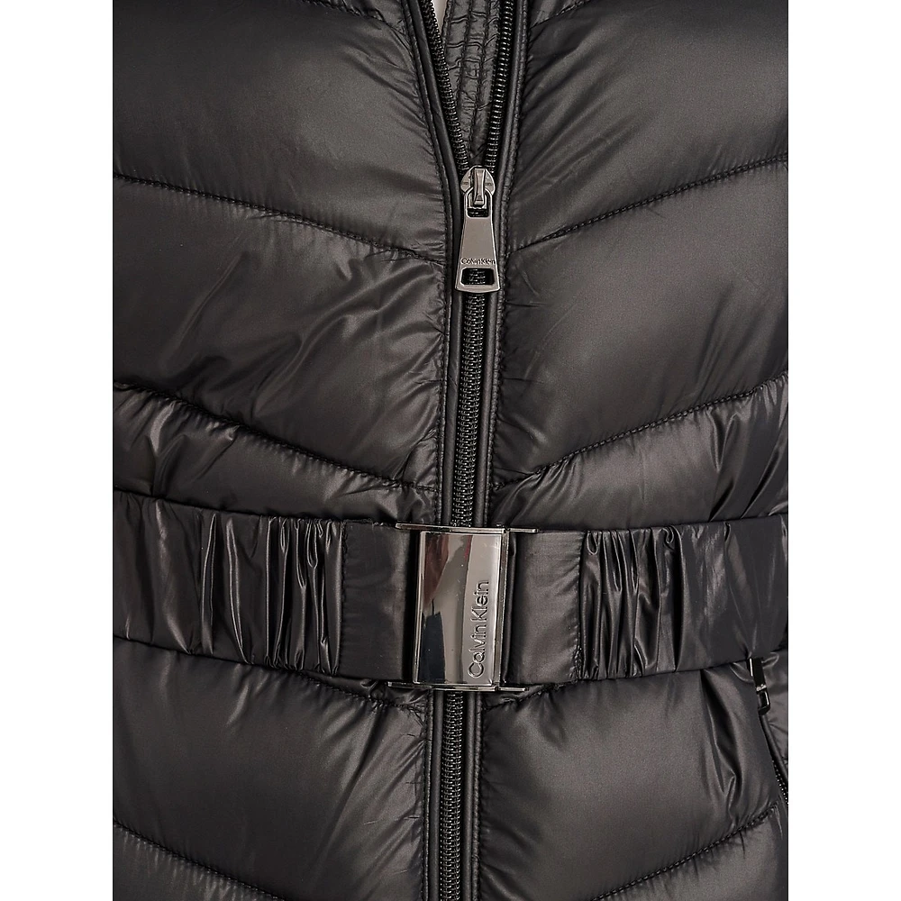 Belted Packable Chevron-Quilt Polyfill Coat