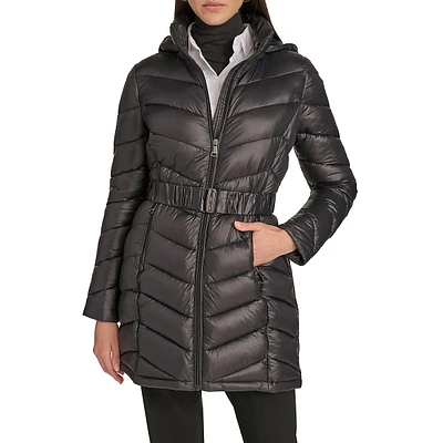 Belted Packable Chevron-Quilt Polyfill Coat