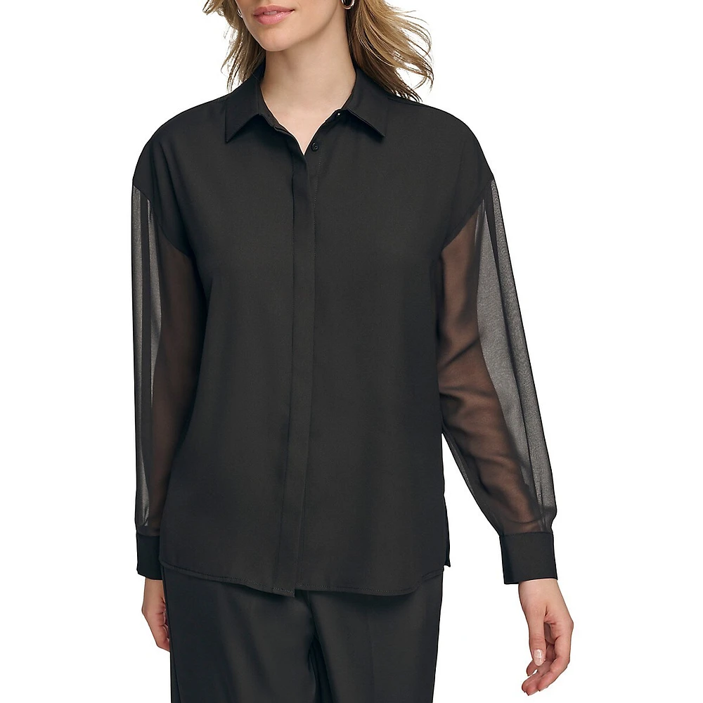 Sheer-Sleeve Crepe Shirt