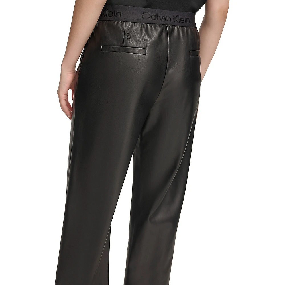 Logo-Waist Pull-On Faux Leather Pants