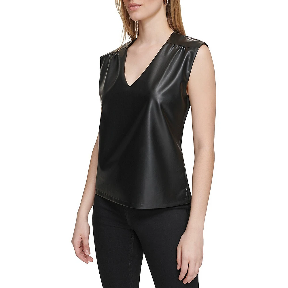 Faux Leather and Knit Combo V-Neck Top