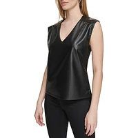 Faux Leather and Knit Combo V-Neck Top