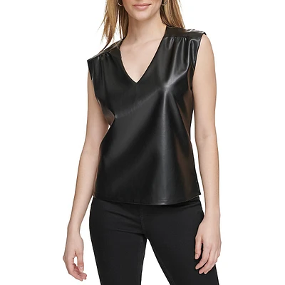 Faux Leather and Knit Combo V-Neck Top