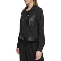 Faux Leather-Trim Moto Zip Shirt