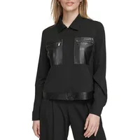 Faux Leather-Trim Moto Zip Shirt